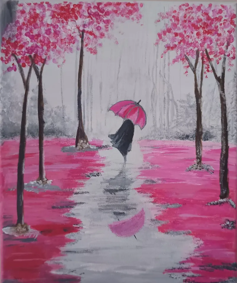 Bajo la Lluvia de Cerezos — Acrílico sobre lienzo
