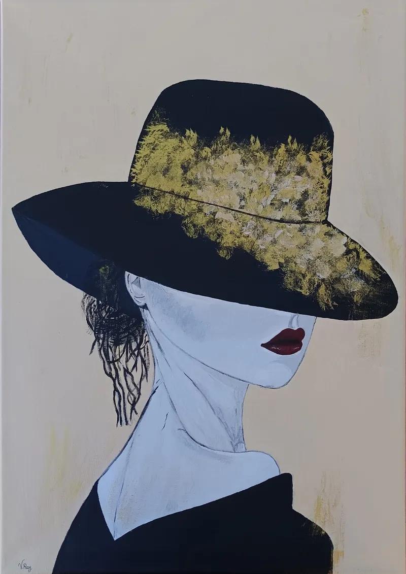 Dama del Sombrero Dorado — Acrílico sobre lienzo