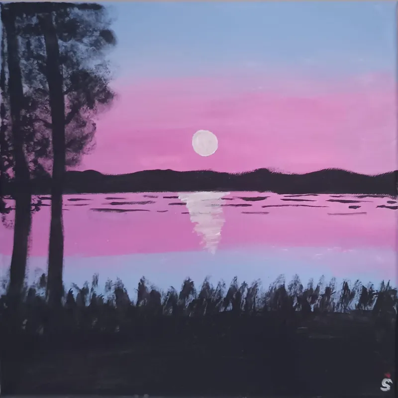 Luna Rosa sobre el Lago — Acrílico sobre lienzo