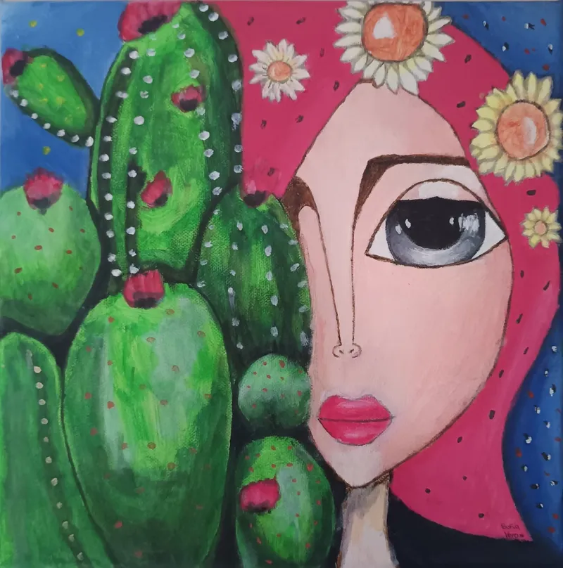 Mujer entre Nopales — Acrílico sobre lienzo